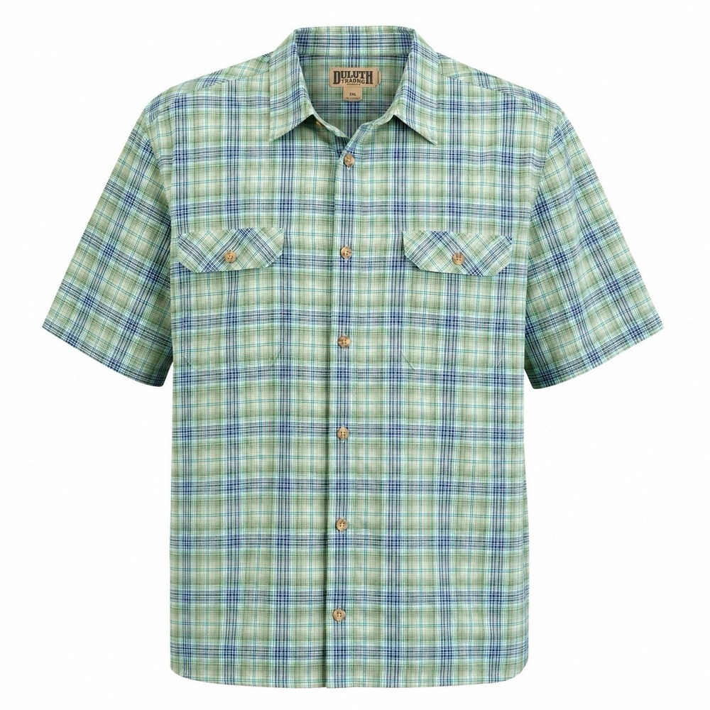 Duluth Trading Shirt Mens 2XL Green/Blue/ Plaid‎ Poly Short Sleeve Button Down